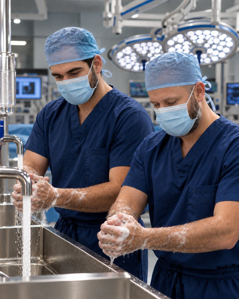 Dr. Antonio Rivas e Dr. Julio Grynglas fazendo a escovação das mãos antes de uma cirurgia