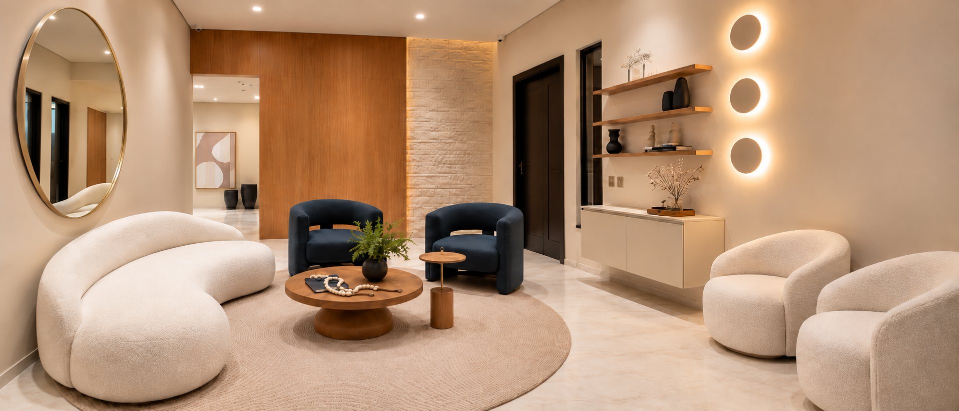 Sala de espera do Instituto Aetherea, com sofá curvo, poltronas e luz suave